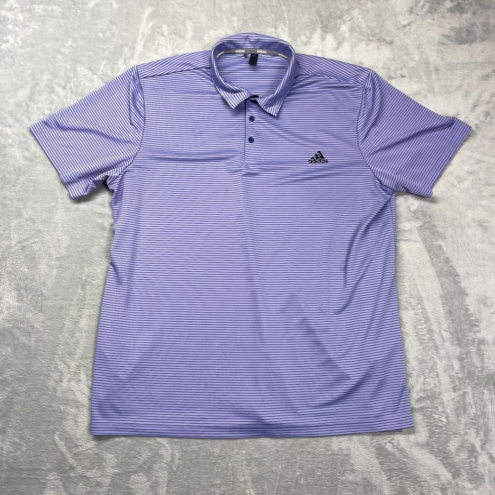 Adidas Shirt Mens 2XL Purple Striped Polo Golf Performance Short Sleeve Popover